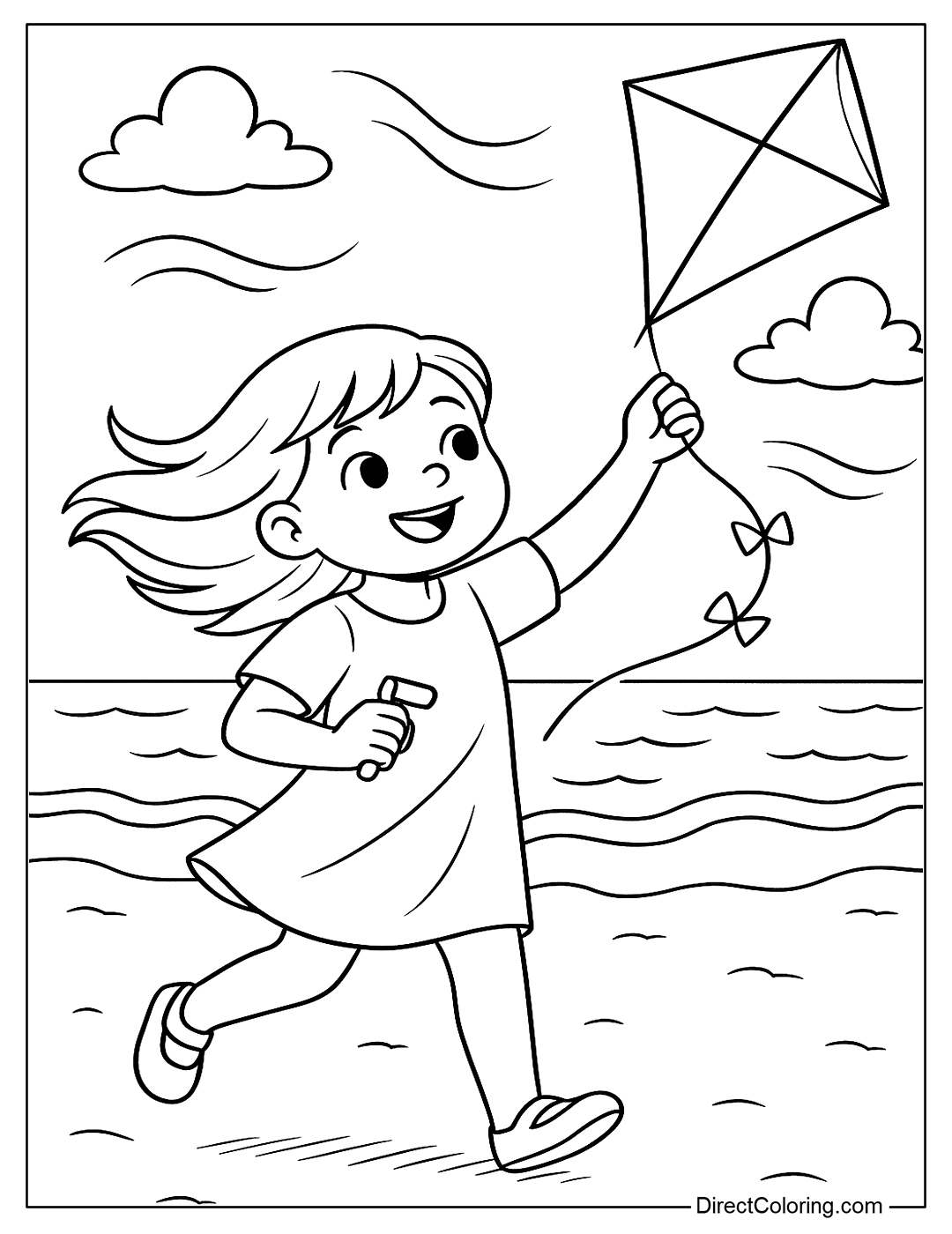 coloring page A girl is flying a kite near the beach, the wind blowing it